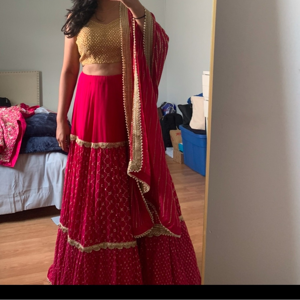 Vibrant Pink and Gold Embellished Lengha NWOT